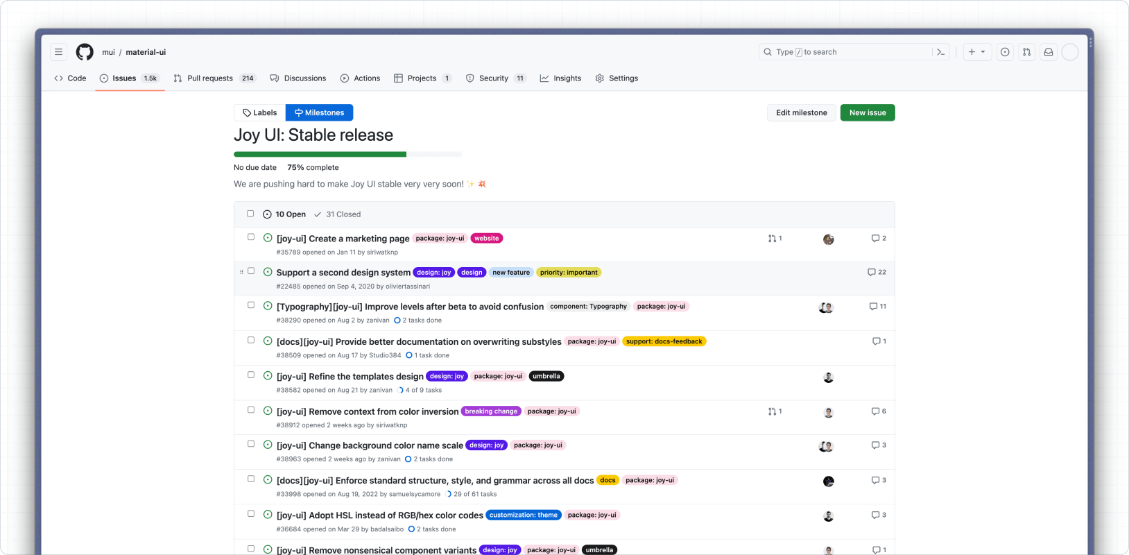 A screenshot from GitHub of the Joy UI stable release milestone.